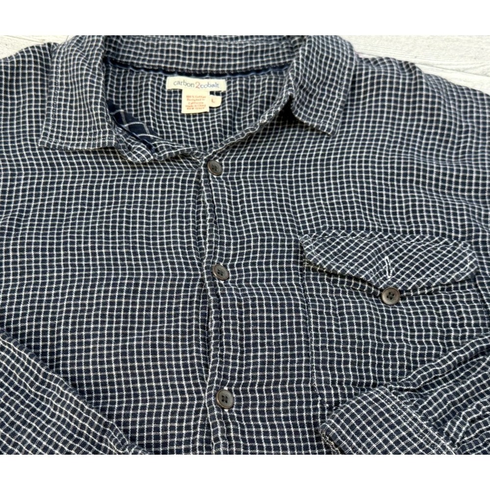 Carbon 2 Cobalt Button Up Shirt Navy Blue White Check Double Cloth Cotton LARGE